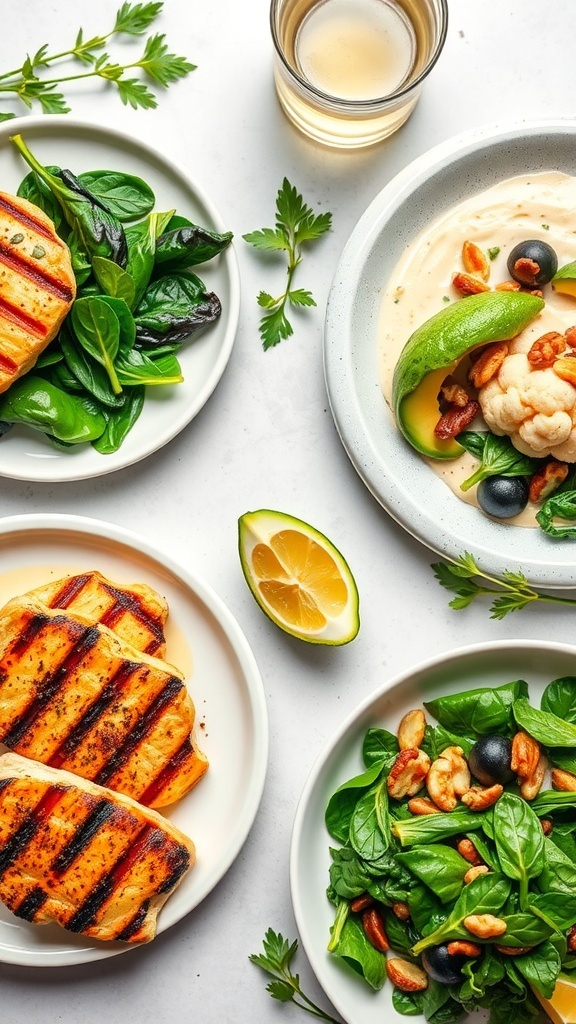 90-Day Low Carb Meal Plan Challenge A variety of low carb meals including grilled chicken, salad with avocado, and cauliflower soup on a dining table.